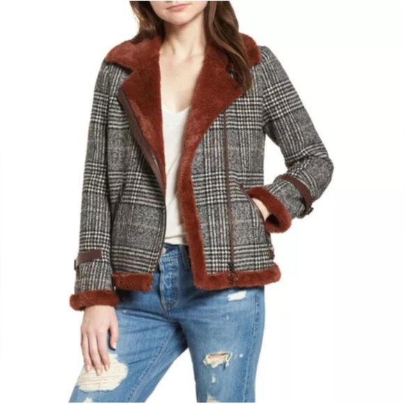 Avec Les Filles Women's Plaid Faux Fur Biker Jacket Size S Multicolor - Picture 2 of 9